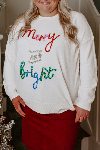 White Tinsel Merry AND Bright Pattern Plus Size Christmas Sweater