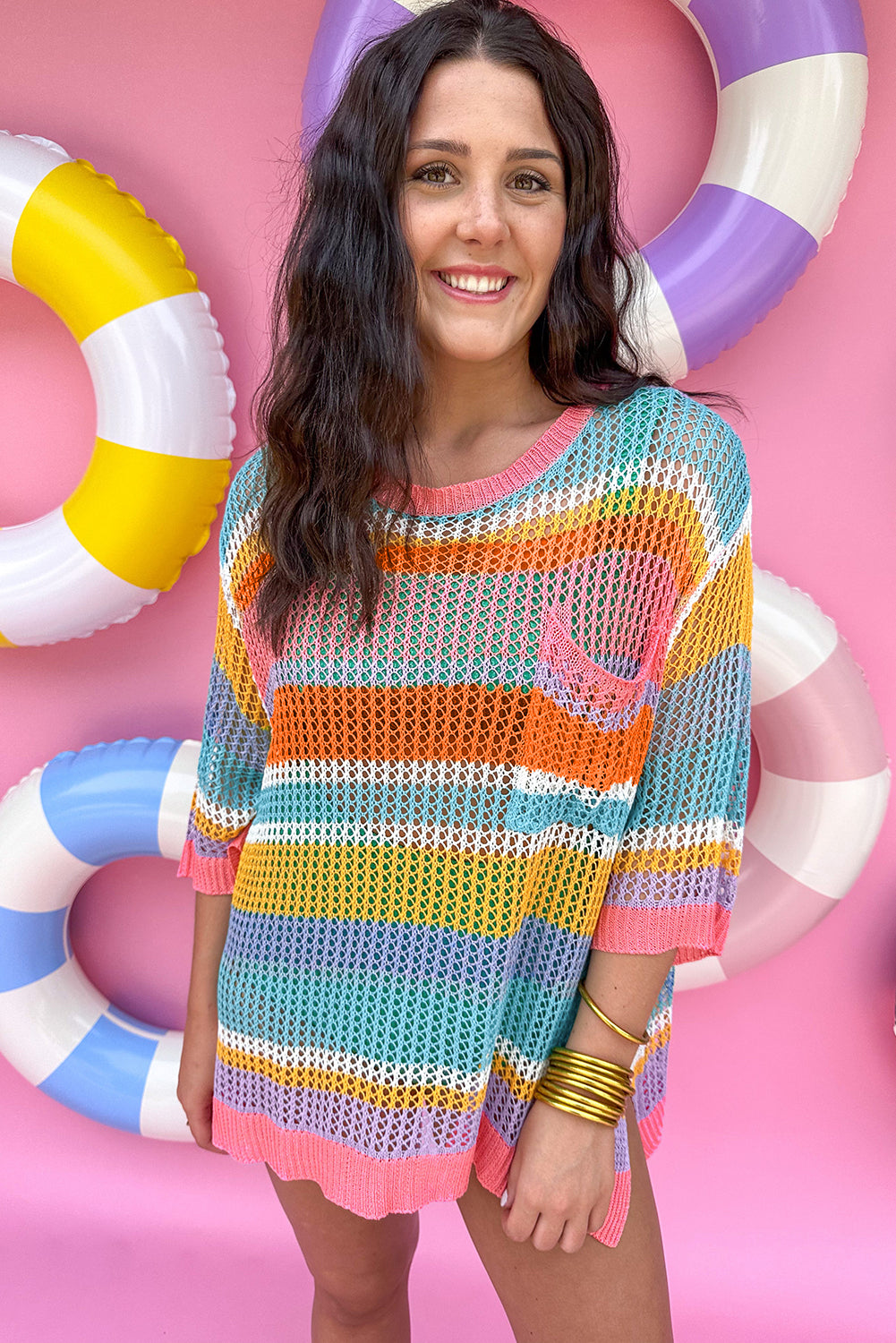 Pink Stripe Colorblock Hollowed Crochet 3/4 Sleeve Sweater