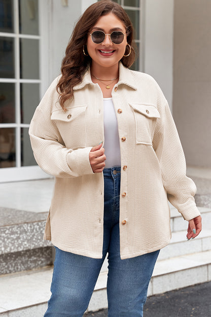 Oatmeal Textured Flap Pockets Buttoned Plus Size Shacket