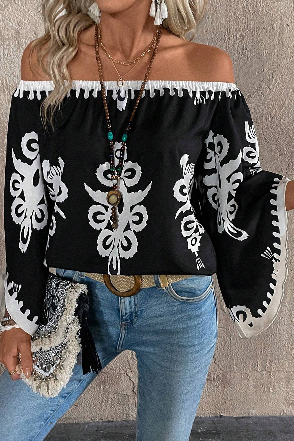 Black Tribal Printed Off Shoulder Loose Sleeve Blouse