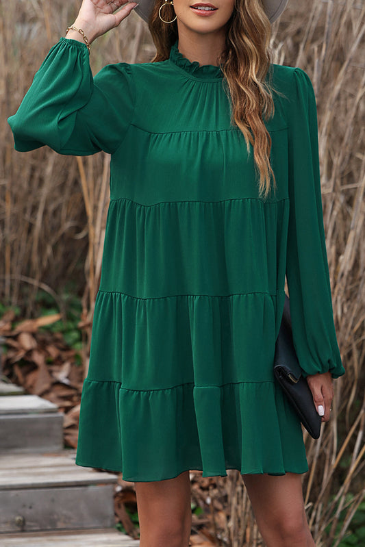 Green Puff Sleeve Mock Neck Back Knot Tiered Mini Dress