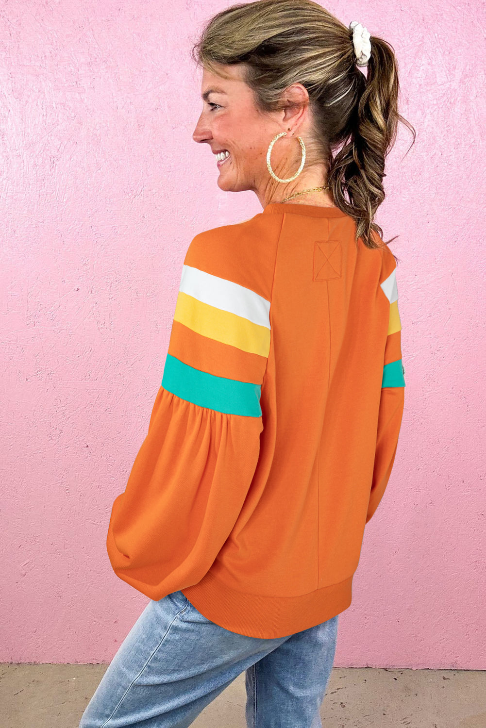 Flamingo Color Block Sleeve Exposed Seam Raglan Sweatshirt