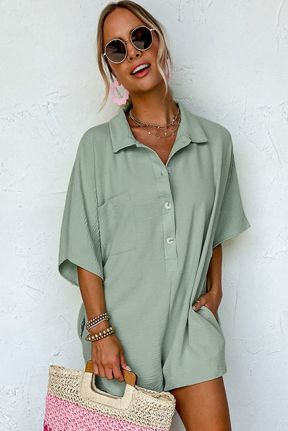 Spinach Green Half Button Collared Loose Romper