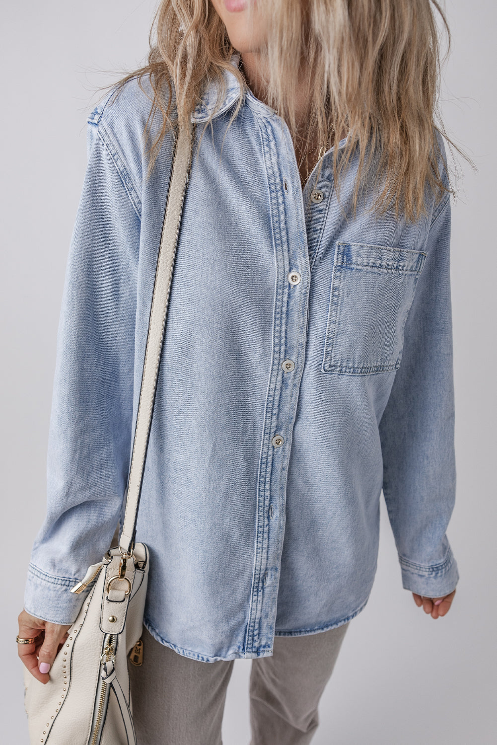 Beau Blue Long Sleeve Buttoned Chest Pocket Denim Shacket