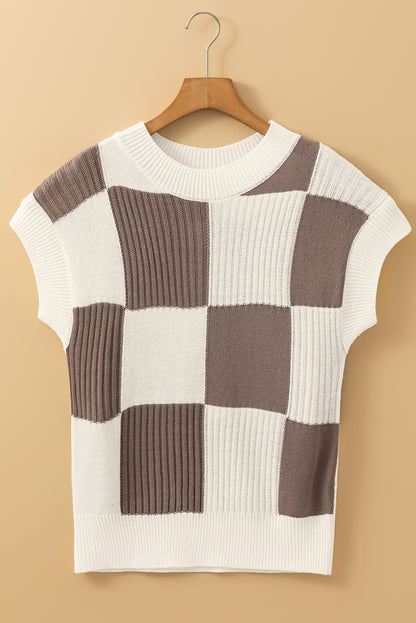 Khaki Checkered Color Block Crew Neck Short Sleeve Sweater