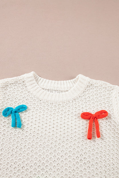 White Colorful Bow Knit Mock Neck Short Sleeve Sweater