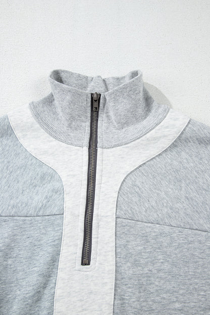 Gray Half Zipper Collared Drop Shoulder Side Slits Sweatshirt