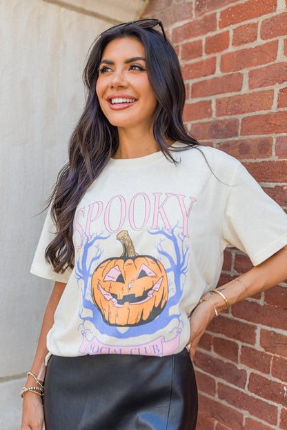 White SPOOKY Pumpkin Print Round Neck Halloween T-Shirt