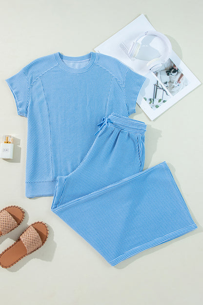 Blue Solid Corded Knit Short Sleeve T Shirt and Wide Leg Pants Set