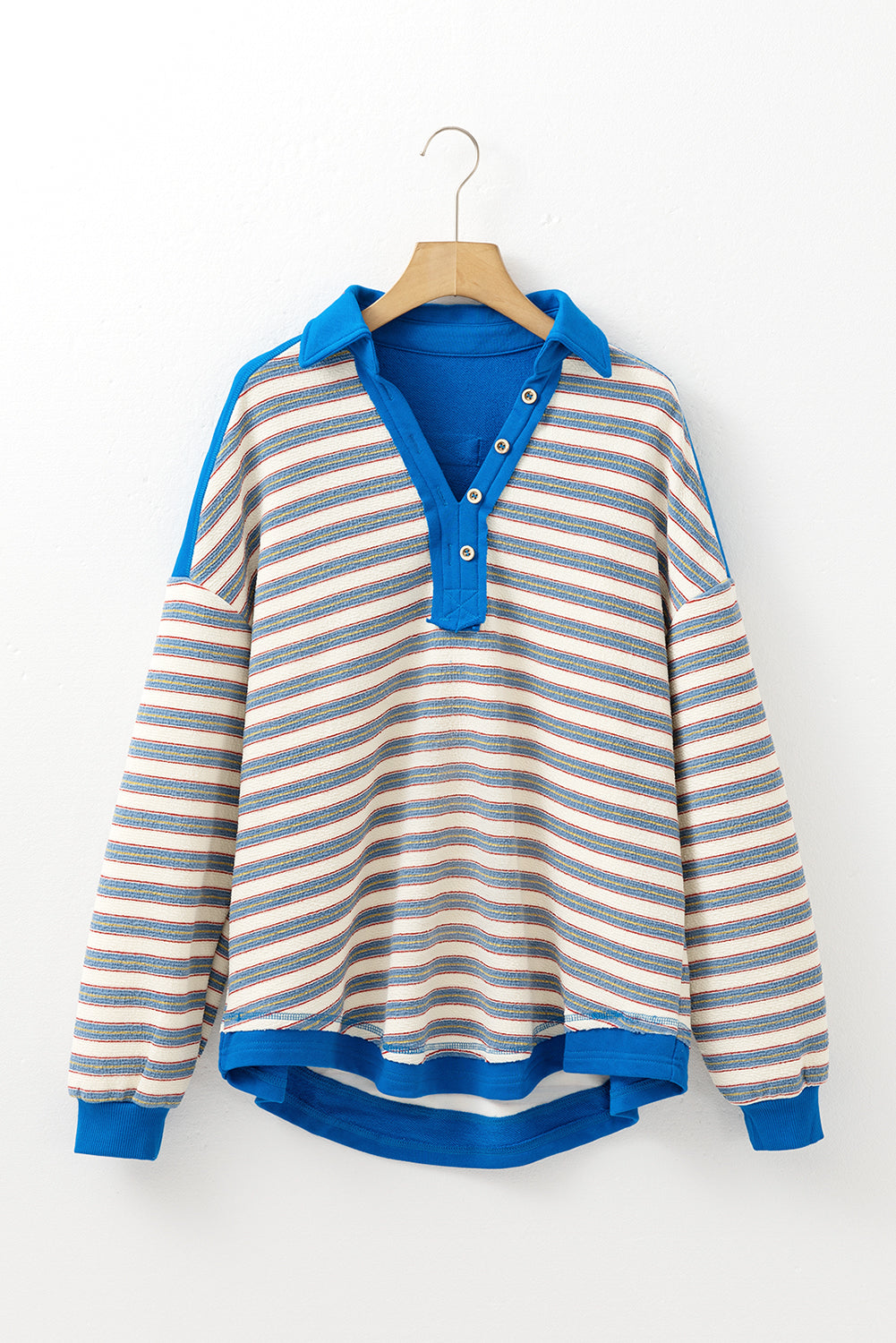 Blue Stripe Buttoned V Neck Collared Drop Shoulder Top