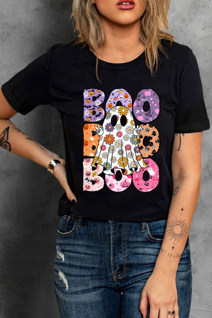 Black BOO Floral Ghost Print Crew Neck Halloween T-Shirt