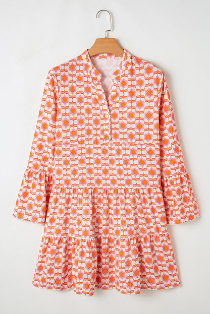 Orange Floral Print Flounce Sleeve Buttoned Front Mini Dress