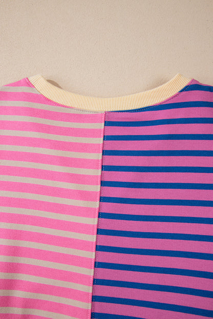 Pink Stripe Colorblock Drop Shoulder Oversize Sweatshirt