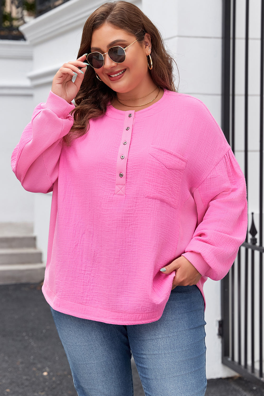 Bonbon Half Buttons Chest Pocket Drop Sleeve Plus Size Top