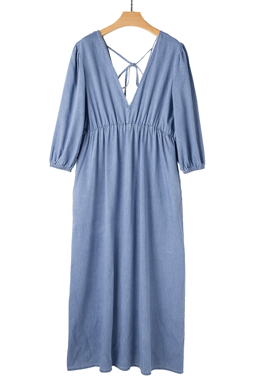 Myosotis Chambray Deep V-Neck Bracelet Sleeve Maxi Dress