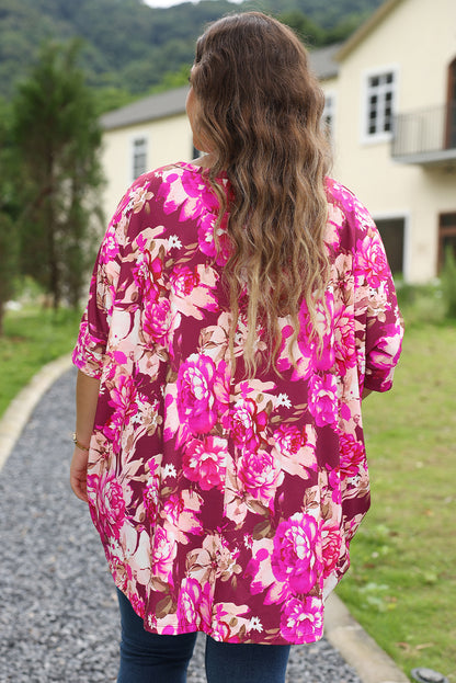 Red Floral Print Short Sleeve Plus Size Blouse