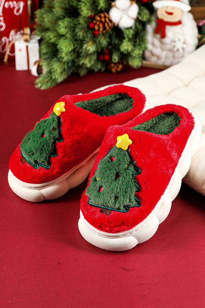 Fiery Red Christmas Tree Graphic Thick Sole Plush Slippers