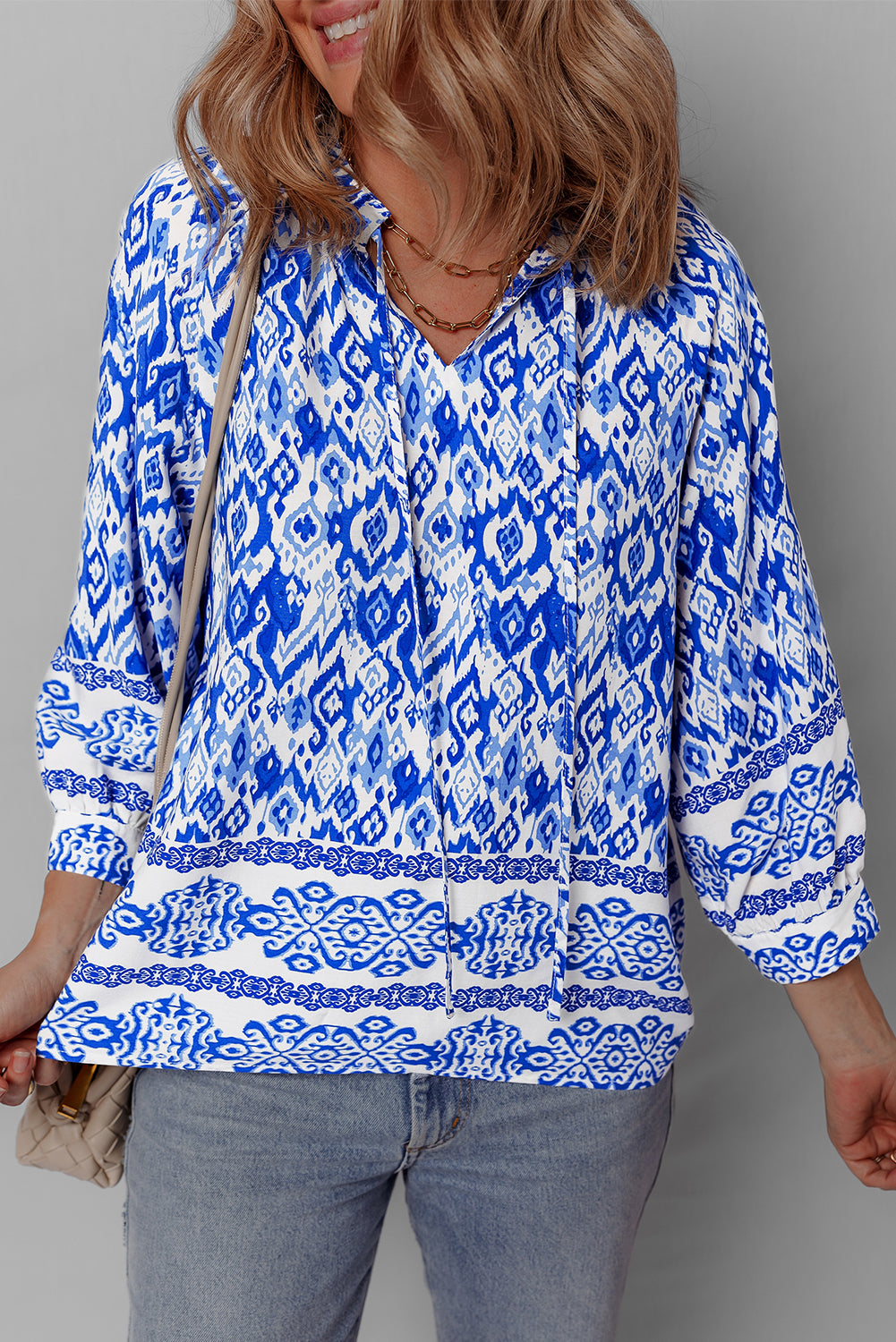 Blue Boho Printed 3/4 Sleeve Tied Neck Blouse