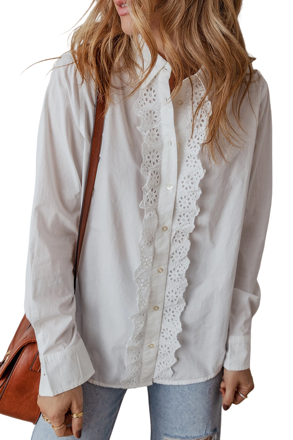 White Lace Crochet Trim Turn Down Collar Buttoned Shirt