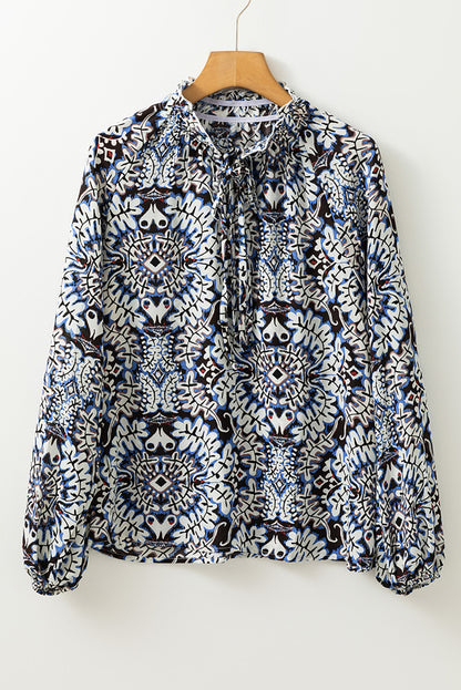 Blue Tribal Print Lace-up Frilled Neck Puff Sleeve Blouse