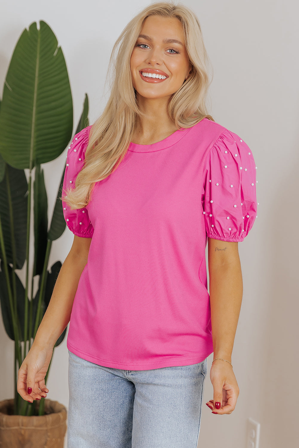 Bright Pink Ribbed Pearl Beaded Puff Sleeve Top