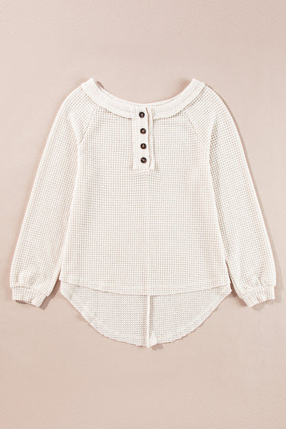 Oatmeal Waffle Knit Buttoned Front Raglan Sleeve Loose Blouse