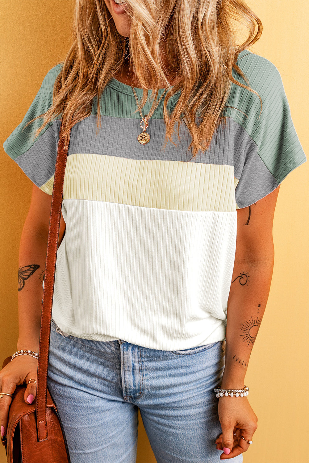 Moonlight Jade Ribbed Color Block Patchwork T-Shirt