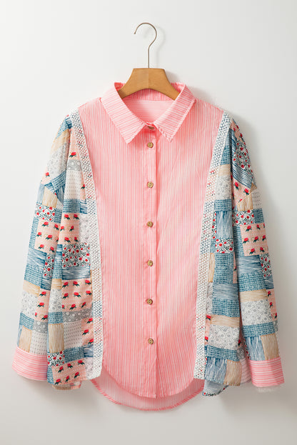 Pink Stripe Floral Patchwork Tunic Loose Fit Shirt