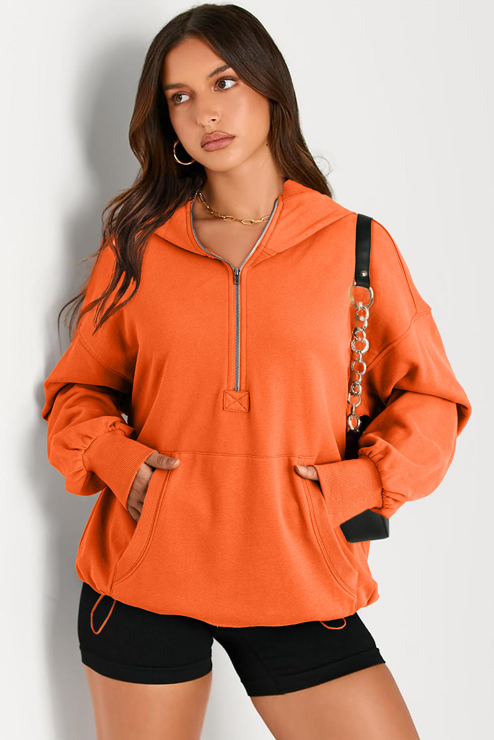 Orange Solid Kangaroo Pocket Half Zipper Oversized Hoodie