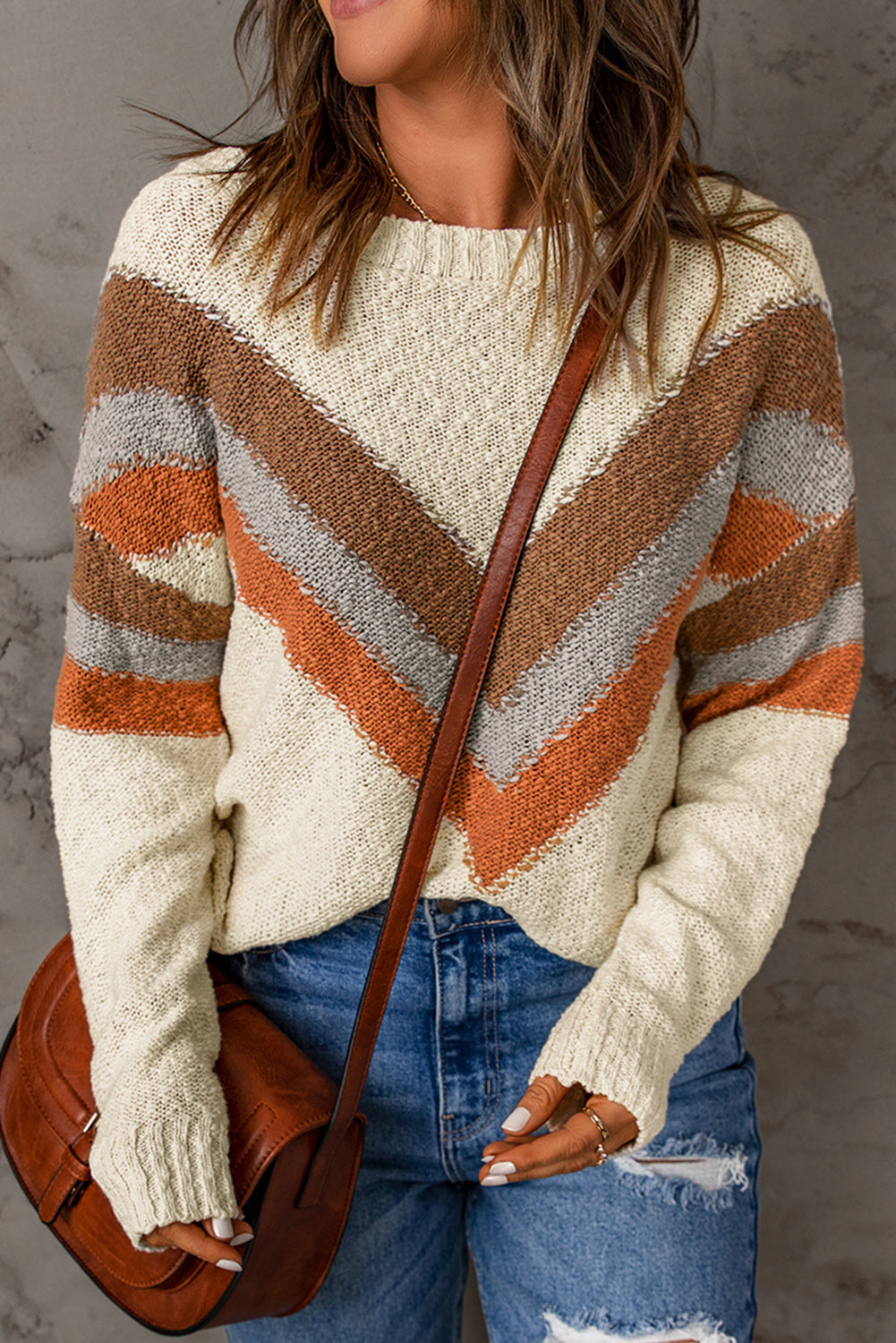 Beige Chevron Striped Drop Shoulder Sweater