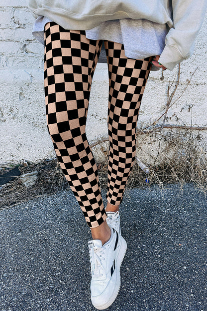 Khaki Checkered Pattern High Waist Skinny Leggings