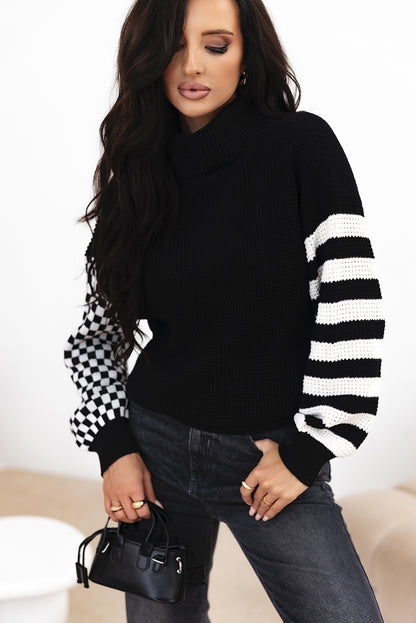 Black Striped Plaid Patchwork Waffle Knit Turtleneck Sweater