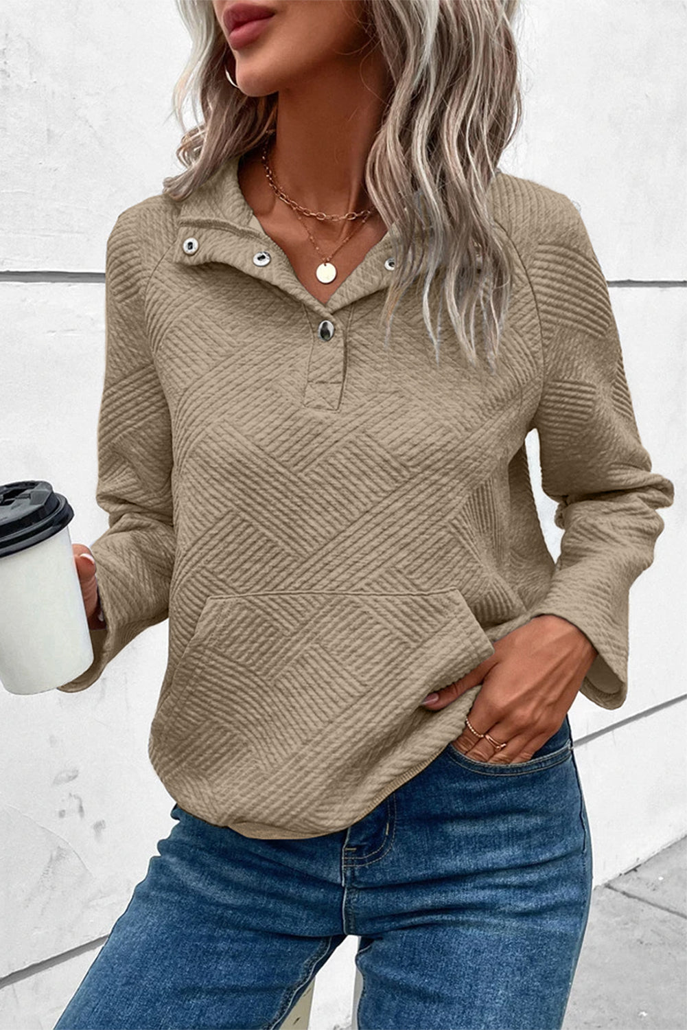 Pale Khaki Textured Knit Buttoned Kangaroo Pocket Sweatshirt