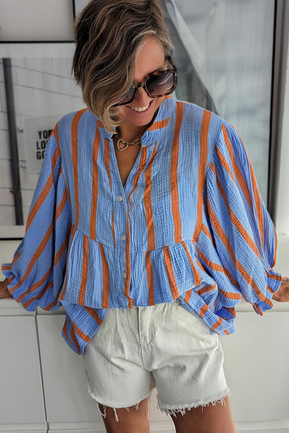 Sky Blue Stripe Crinckled Ruffled Sleeve Button up Loose Shirt