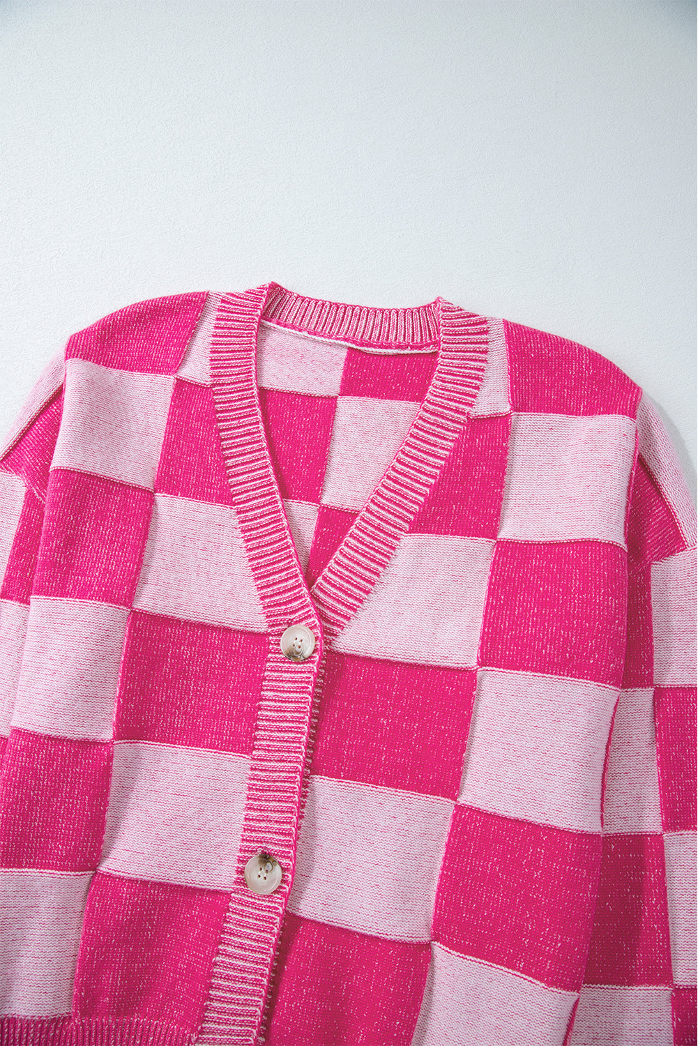 Pink Checkered Drop Shoulder Buttoned V Neck Cardigan