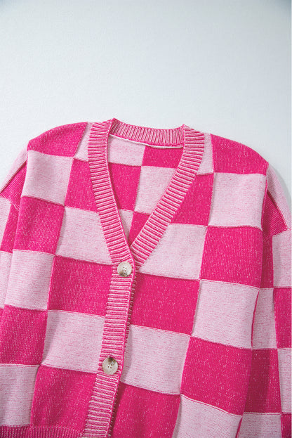 Pink Checkered Drop Shoulder Buttoned V Neck Cardigan