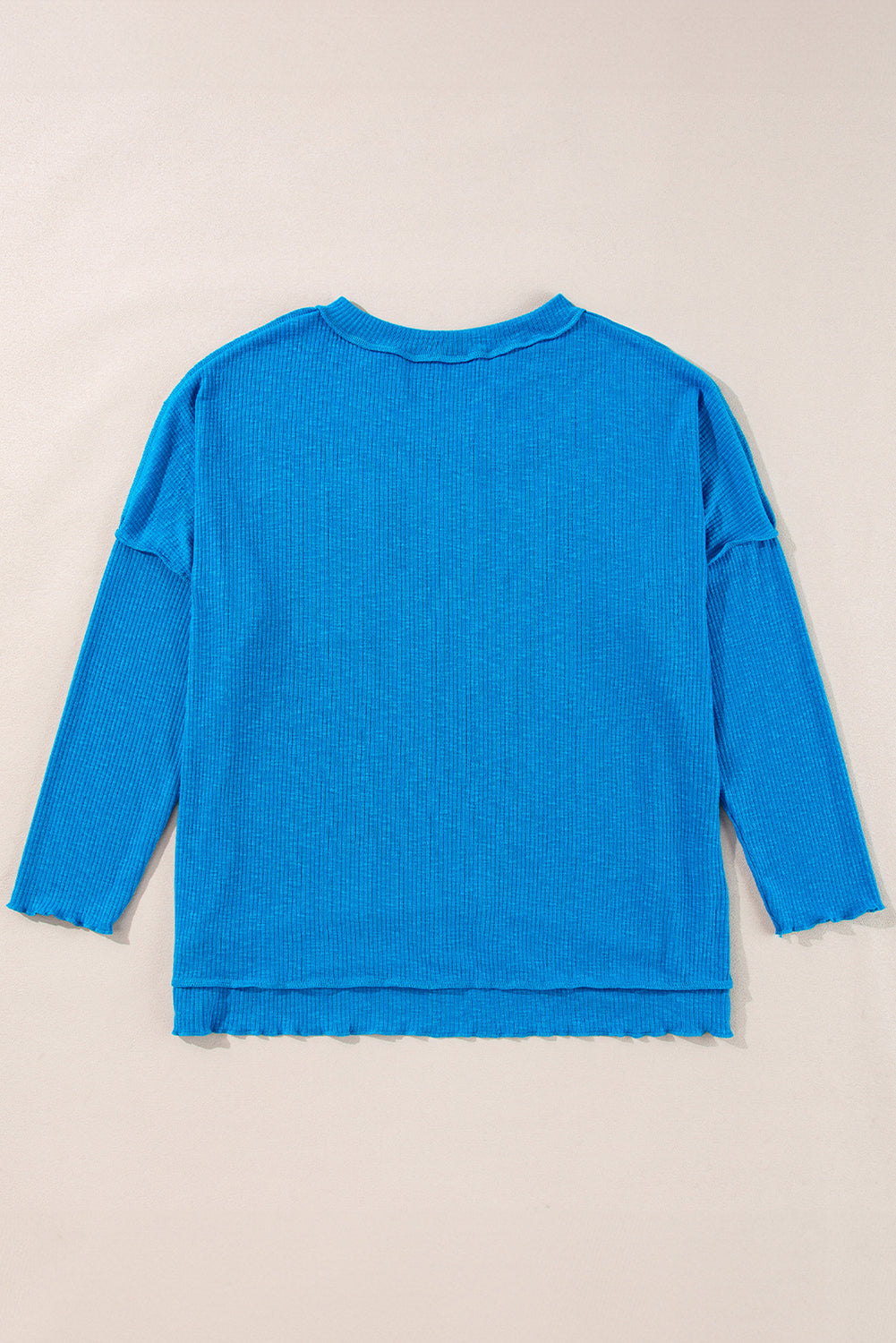 Blue Ribbed Exposed Seam Knit V Neck Long Sleeve Top