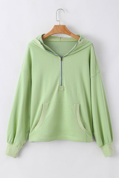 Smoke Green Solid Kangaroo Pocket Half Zipper Oversized Hoodie