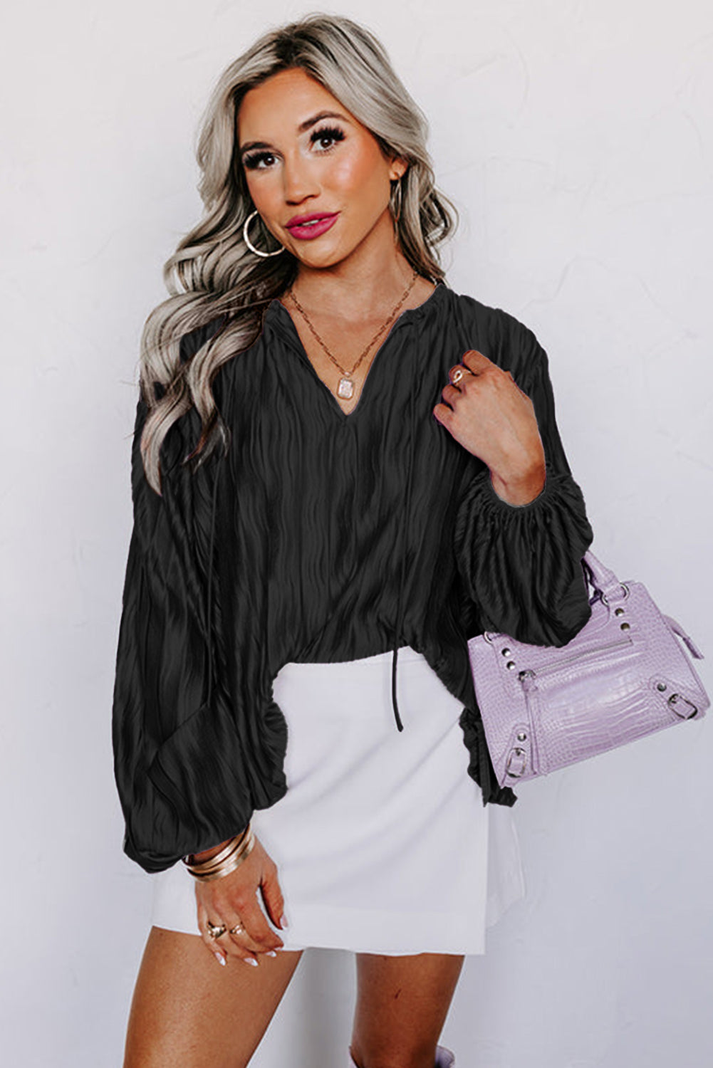 Black Textured Bubble Sleeve V Neck Loose Blouse