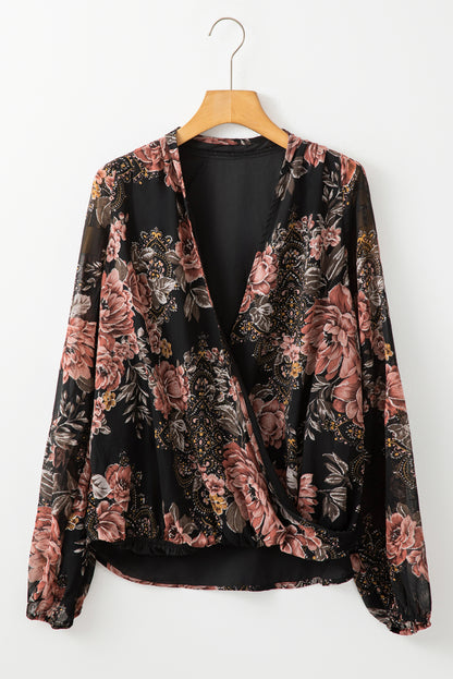 Black Floral Print Criss Cross V Neck Balloon Sleeve Blouse