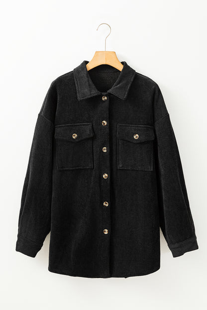 Black Corduroy Flap Pocket Button Up Shacket