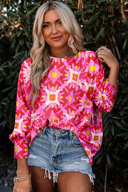 Strawberry Pink Geometric Print Shirred Cuff 3/4 Sleeve Loose Blouse