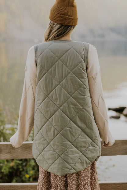 Grass Green Quilted Long Vest Jacket with Pockets