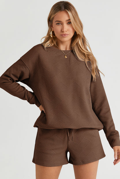 Brown Textured Long Sleeve Top and Drawstring Shorts Set