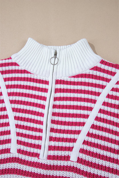 Pink Stripe Zip up Collar Drop Shoulder Sweater