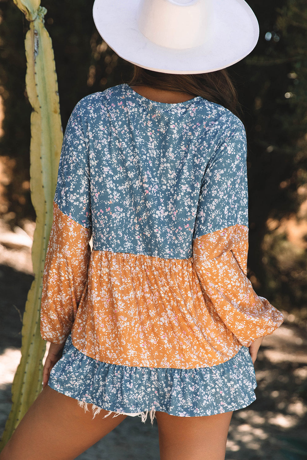 Orange Floral Color Block Ruffled Hem Round Neck Blouse