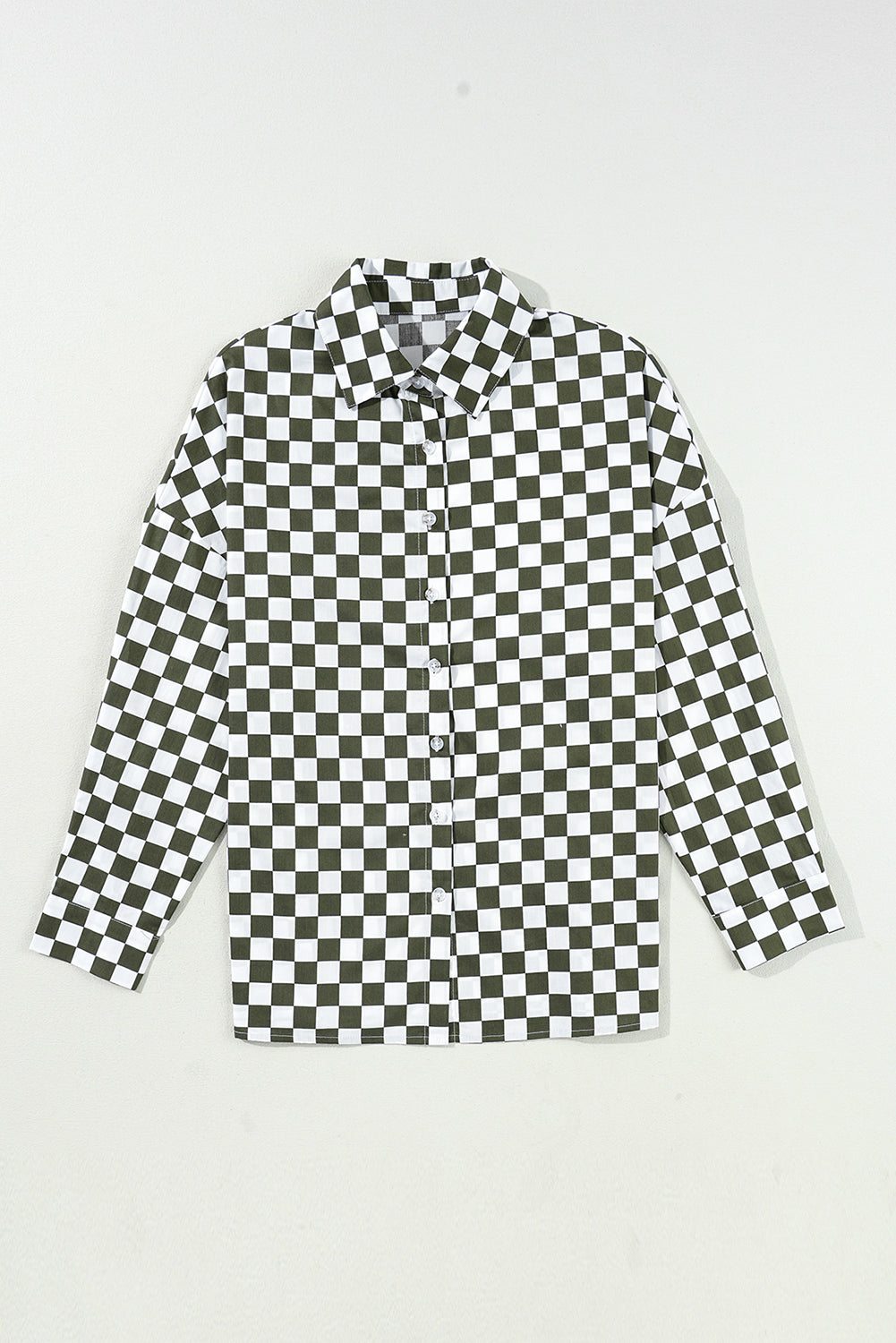 Green Checkerboard Printed Drop Shoulder Loose Casual Shirt