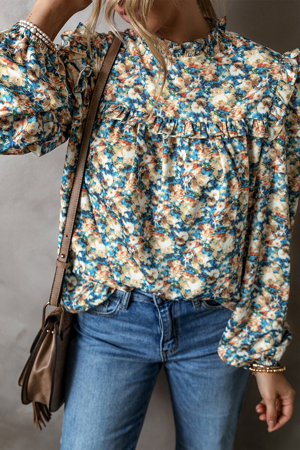 Sky Blue Floral Print Frilled Mock Neck Puff Sleeve Blouse