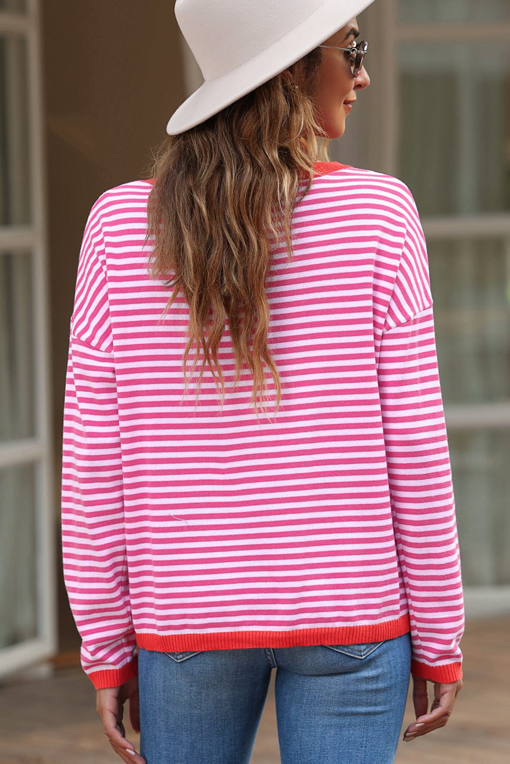 Pink Contrast Trimmed Striped Drop Shoulder Sweater