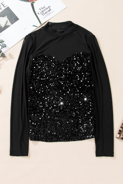 Black Sequin Velvet Sheer Mesh Mock Neck Blouse